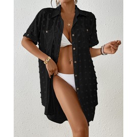 Bsubseach Swimsuit Coverup for Women Swiss Dot Bathing Suit Swimwear Button Down Beach Shirt Cover Up Resort Wear Black L