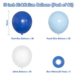 Blue White Latex Balloons, 80pcs 12 inch Royal Blue Pastel Blue White Balloons with Ribbon for Baby Shower Wedding Birthday Party Decorations (BlueWhite80pcs)