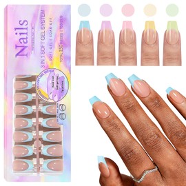 CHANGAR French Gel Nail Tips, 150Pcs Extra Short Coffin French Tip Press on Nails with Pre-applied Tip Primer & Base Coat No Need File False Nails for Nail Art DIY（Rainbow- trapezoid）