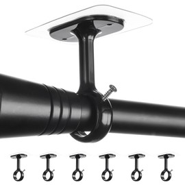 6-Pack No Drill Ceiling Curtain Rod Brackets Holder, Adhesive No Screw No Damage Rods Hooks Holder, No Drilling Stick Heavy Duty Black Curtain Hangers for Living Room, Bathroom, Kitchen