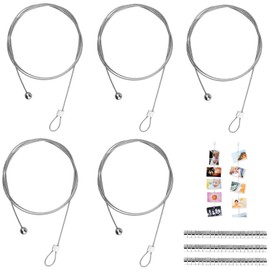 Pack of 5 Photo Wire Ropes, Photo Chain with 60 Button Magnets for Hanging Photos Picture Hanging Rope 2 m x 1.5 mm Photo Chain Steel Rope with Eyelets and Hooks Ideal for Hanging Photos and