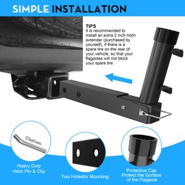 Tanfix Foldable Hitch Mount Flagpole Holder | All Metal Heavy- Duty, Fits Standard 2" Trailer Hitch, Compatible with Jeep, Truck, SUV, RV, Pickup, Camper Trailer (ONE Flagpole)