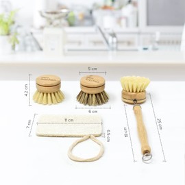Joeji's Kitchen Cleaning Brush Set Vegetable Brush – Eco Wood Plastic-Free – Washing Up Brush with Interchangeable Brush Heads – Scrubber Brush with Loofah Sponge