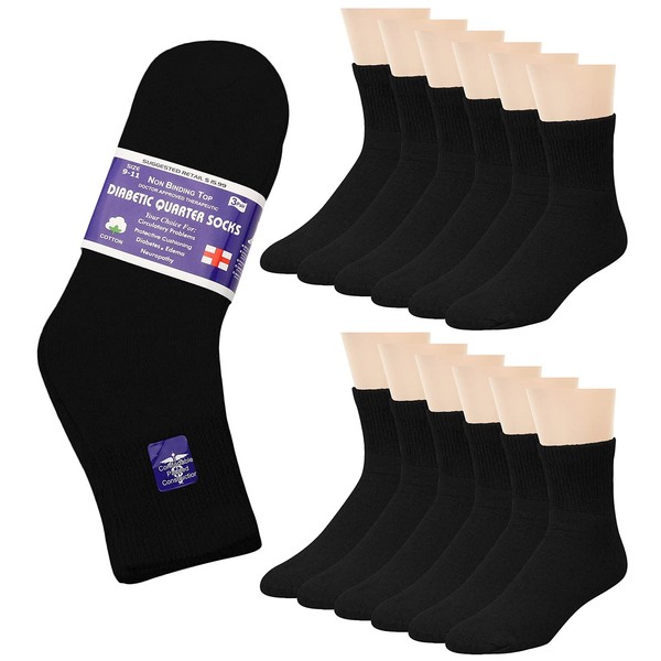 Falari 12-Pack Diabetic Socks Quarter Ankle Unisex Physicians Approved Socks (13-15, Black)