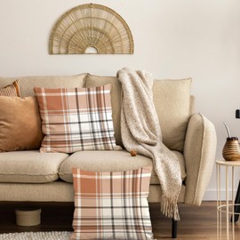 AOFANGGO Set of 2 Fall Pillow Covers Autumn Decorative Throw Pillow Cases 20x20 Inch Orange Grey Plaids Cushion Covers Faux Linen,Farmhouse,Thanksgiving,Home Décor