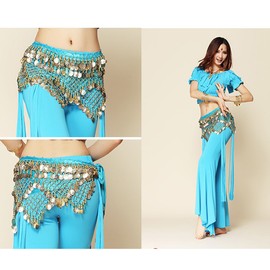 Wuchieal Women's Sweet Bellydance Hip Scarf with Gold Coins Skirts Wrap Noisy (One Size, Sky Blue)