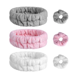 AOMIG Spa Headband, 6-Piece Set Face Wrist Wash Band Set, Soft Hair Band, Elastic Wrist Sweatband, Cosmetic Headband for Facial Cleaning, Beauty Yoga (Pink + Grey + White)