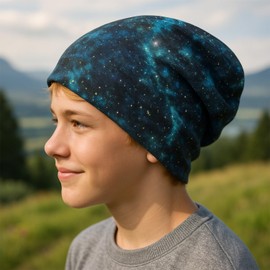 Wollhuhn Boys/Girls Shorties Beanie/Beanie Hat/Knitted Hat/Children's Hat Comfortable Many Designs Jersey Double Layer Lined Transitional Periods (Eco Fabrics/Organic) 2024202401, Space Blue/Green
