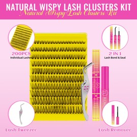 Eyelash Clusters Set, 200 Pieces Set with Individual Eyelash Extension, 50D Eyelash Extension, D Curl Eyelash Set with Eyelash Glue and Seal, Eyelash Remover, Tweezers (D 8-18 Mix)