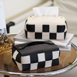 Checkered Tissue Box Cover - US Size Rectangular Tissue Box Holder PU Leather Decorative Tissue Storage Box Suitable for Livingroom, Bathroom, Dressing Table Countertop ([Rectangular]-Black)