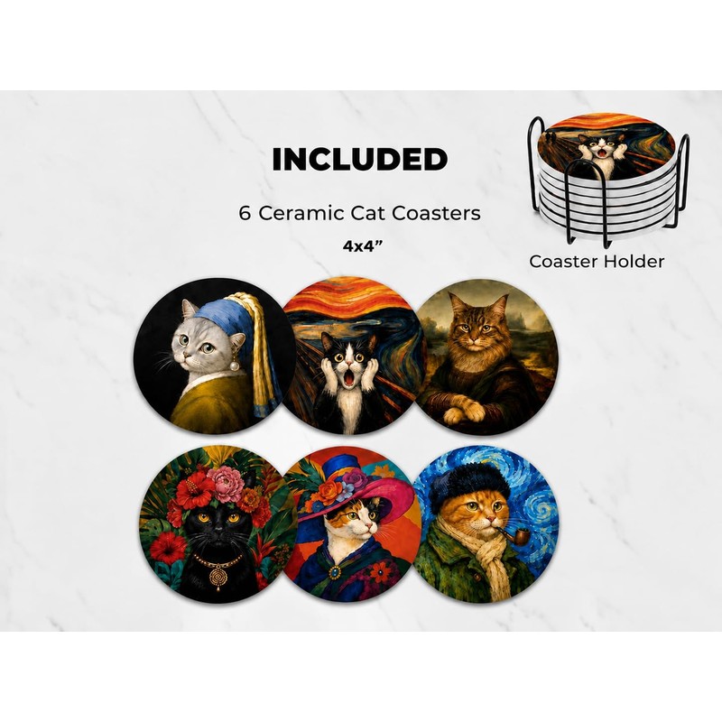 Cat Lover Gift Coasters Set of 6 with Holder -