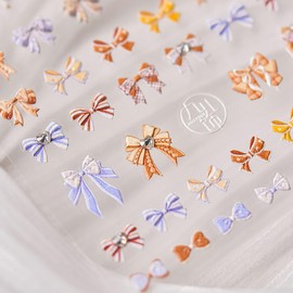 5D Embossed Bow Nail Art Stickers Self Adhesive Colorful Bow Nail Stickers with Rhinestones Glitter Designs Nail Art Supplies Cute Nail Decals Manicure Decorations for Women Girls Acrylic Nails DIY
