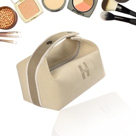 Canvas Travel Makeup Bag with Handle, Portable Toiletry Organizer, Water-Resistant Small Cosmetic Bag for Women and Girls (Beige)