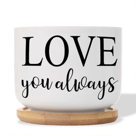 DecStic Love You Always Planters Ceramic Bible Verse Round Plant Pots with Drainage Holes and Bamboo Tray Pot for Succulents Cactus Garden Windowsill