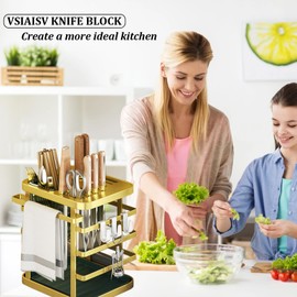 Stainless Steel Universal Knife Holder for Kitchen, VSIAISV Knives Storage Without Knives, Utensil Holder 9 Slots with Scissors, Sharpening Rod, Space Saver Knives Organizer (Gold)