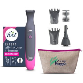 Veet Expert All-In-One Trimmer, Rasoio elettrico donna, Viso e parti intime, 100% waterproof, 2 testine e 3 pettini, Rasatura ad alta precisione, Cordless + Pochette Regalo