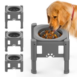 Lewondr Elevated Slow Feeder Dog Bowls, Raised Dog Food Bowls with 3 Heights (6.1", 7.7", 9.3") Adjustable Dog Slow Feeder Bowl Non-Slip Dog Bowl Stand for Medium Large Breed, Grey