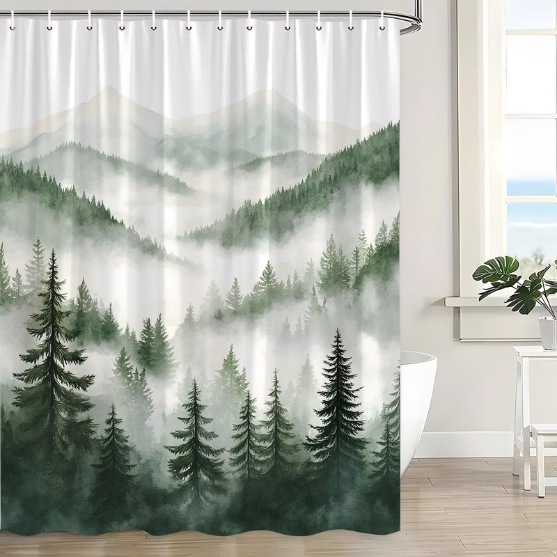 Dark Green Misty Pine Forest Shower Curtain Mountain Foggy Scenery,70x70IN