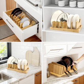 Pozmrtsr Bamboo Pot Lid Organizer for Cabinet & Kitchen Counter, Pan Lid Organizer Inside Cabinet, Pot Lid Holder, Sheet Pan Rack, Adjustable Pot Cover Holder Rack for Countertop, Under Cabinet