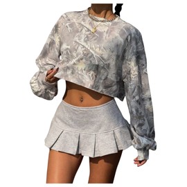 RoseSeek Women's Y2k Camo Print Crop Crewneck Sweatshirt Long Sleeve Drop Shoulder Vintage Pullover Tops Multicolor Small