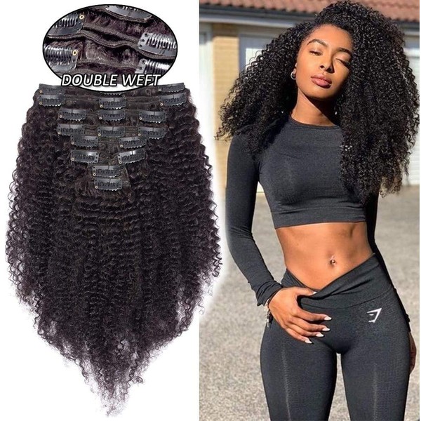 Elailite Afro Real Hair Clip-In Extensions for Full Head Remy 8 Set Double Wefts 18 Clips Kinky Curly 55 cm 120 g #1B Natural Black