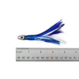 Fish WOW! 5pcs 4" Mini Feather 1/2oz Bullet Chrome Head Trolling Tuna Lure Squid Skirts - Blue White