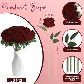 30 piezas de rosas artificiales de seda con tallos largos para ramo de boda, despedida de soltera, fiesta, decoración del hogar (Rojo Vino)