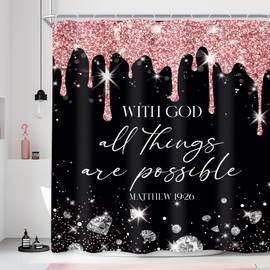 Newsely Black Pink Diamonds Quotes Shower Curtain 60Wx72H Inch (No Glitter) Modern Black White Bible Verse Luxury Christian Scripture Bathroom Set Women Waterproof Decoration Accessories Home Decor