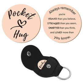 CREATCABIN 1 Set Pocket Hug Token Heart Pattern Long Distance Relationship Keepsake Keychain Stainless Steel Double Sided with PU Leather Keychain Gift for Family Friends 1.2Inch(Rose Gold)