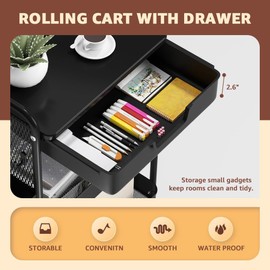 HIDODO 3 Tier Rolling Cart with Drawer, Metal Rolling Utility Cart on Wheels with Pegboard, Art Cart Storage Organizer with Tabletop for Living Room, Office, Bedroom (Black)