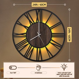 LEIKE Large LED Wall Clocks,Silent,Non Ticking,Battery Operated Rustic Round Modern Big Wood Wall Clock for Living Room, Bedroom,Kitchen,Farmhouse,Office,Home Decor -24" Black,LED,Roman Number