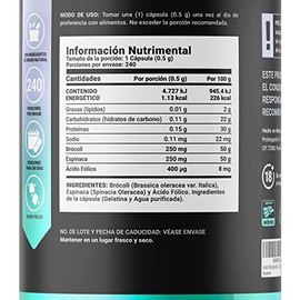Ácido Fólico de 240 Cápsulas con Brócoli y Espinaca. Ingredientes Naturales. Folic Acid Blend B Life.