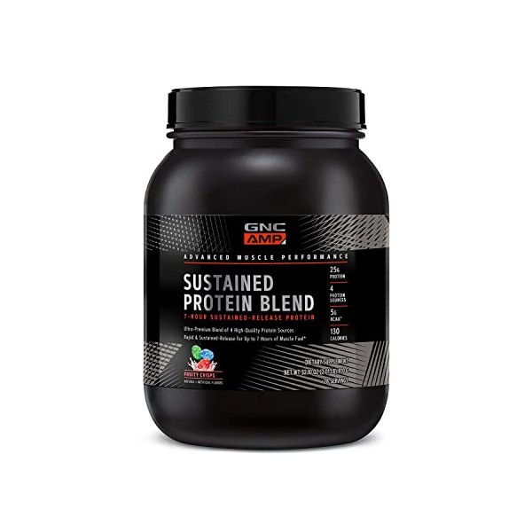 GNC AMP Sustained Protein Blend| Targeted Muscle Building and Exercise Formula | 4 Protein Sources with Rapid & Sustained Release | Gluten Free |28 Servings | Fruity Crisps