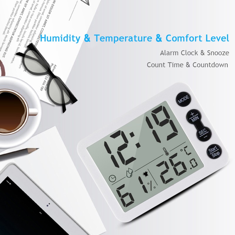 Digital Indoor Thermometer & Hygrometer with Clock LCD Display ℃/