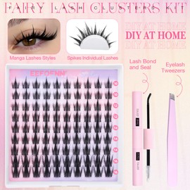 Eefofnn Fairy Lash Clusters Kit Spikes Manga Eyelash Clusters Kit Wispy Individual Lashes Natural C Curly Lash Extension Bond and Seal Tweezers 10-16MM Clear Band Anime Cluster Eyelash Extensions Kit