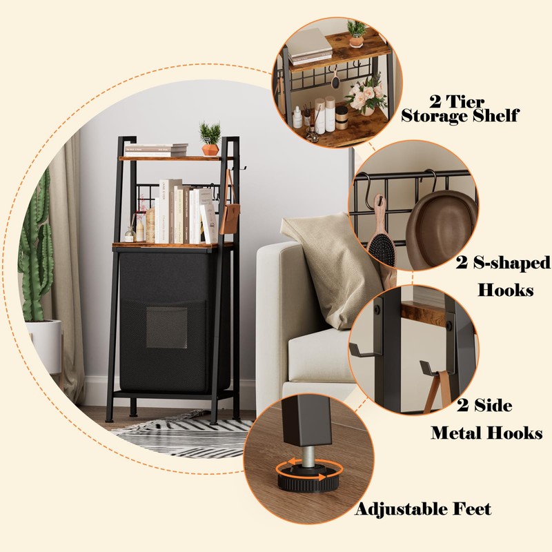 Furnulem 2 Tiers Laundry Hamper with Wooden Shelf and Hooks,