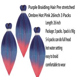 Ombre Purple Pink Braiding Hair Pre Stretched 26 Inch 3 Packs Straight Blue Braids Hair Extensions for Women Yaki Texture Braid Synthetic Braiding Hair Extension Soft Easy to Braid