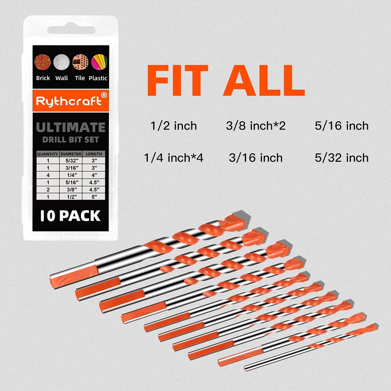 Masonry Drill Bits Set for Tile, Brick, Cement, Concrete, Glass,