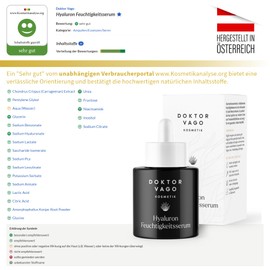 Dr. VAGO Hyaluronic Acid Serum with Vitamin B3 and Glycerine, Made in Austria, 100% Vegan, Natural Active Ingredients, Highly Concentrated Anti-Wrinkles, Anti-Ageing and Anti-Stains Face Serum and Eye