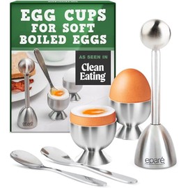 Eparé - Juego de huevos y galletas - Huevos para huevos duros blandos británicos, cortador de decoración de huevos de acero inoxidable, cucharas de huevo y soporte para huevos duros