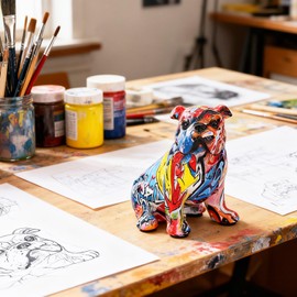 suruim Graffiti English Bulldog Statue - Colorful Resin Dog Sculpture for Home Decor, Office Desktop & Gift for Dog Enthusiasts