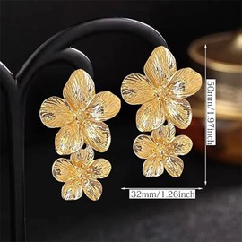 Gold Flower Earrings, 2 Pairs Gold Statement Earrings Flower Earrings for Women, Big Vintage Dangle Flower Earrings Boho Statement Earrings Floral Petal Earrings Jewelry