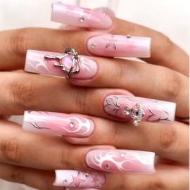 Rchovsam xl Pink Gradient Press on Nails Long Square Fake Nails Flame Chrome Love Diamond Design False Nails Arificial Press Ons for Womens 24pcs