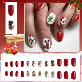 Boloshine Christmas False Nails, 24Pcs Short Press on Nails, Red Acrylic Full Cover Fake Nails Reusable, Christmas Tree Snowmen Santa Nail Decoration for Women Girls