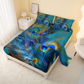 AILONEN Peacock Feather Bedding Set King Size 4Pcs,Golden Blue Feather Print Fitted Sheets for Girls Women,Nature Animal Theme Bed Sheets,1 Flat Sheet + 1 Fitted Sheet + 2 Pillowcases