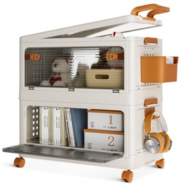 SPIEEK Large 56QT Storage Bins with Lips Stackable Storage Bins with Wall Mounted Box, Wheels, Hooks, Pack of 2 Two-door Plastic Collapsible Storage Bin Containers Organizers and Storage For Bedroom