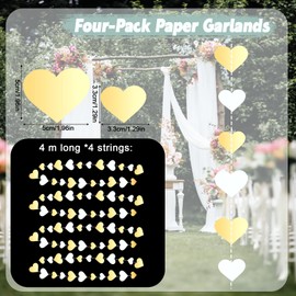 52 ft Wedding Decoration Garland, Pack of 4 Heart Paper Hanging Garland, Streamer Double Heart, Birthday Garland Decoration for Wedding Party Valentine's Day Birthday (White/Gold)