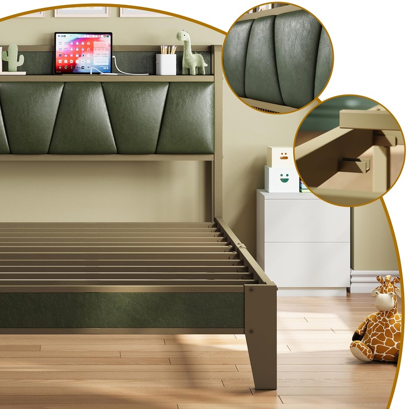 LIKIMIO Twin Bed Frame, Storage Headboard with Charging Station, Solid