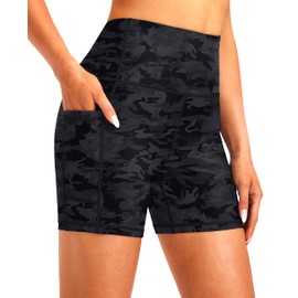 Soothfeel Women's High Waisted Swim Board Shorts 5 Inch UPF 50+ Tummy Control Bathing Suit Bottoms for Women with Pockets Black Camo