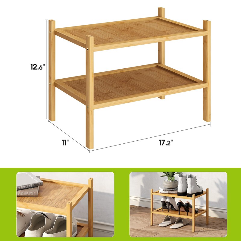 BMOSU 2-Tier Bamboo Small Shoe Rack Premium Stackable Shoe Shelf